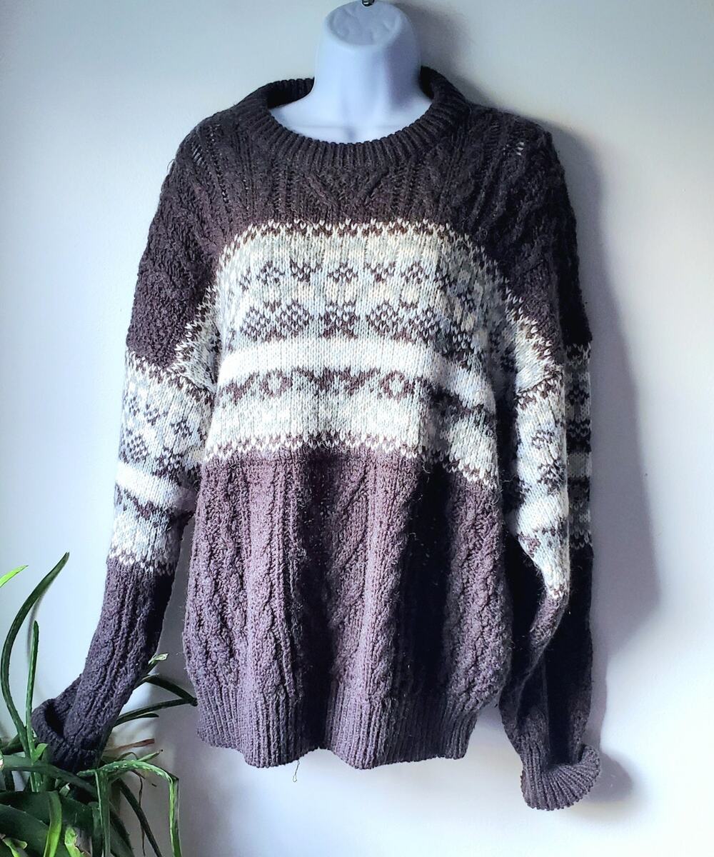Massimo Dutti Gray Chunky Oversized Fair Isle Sweater Womens Large Boho Scandi